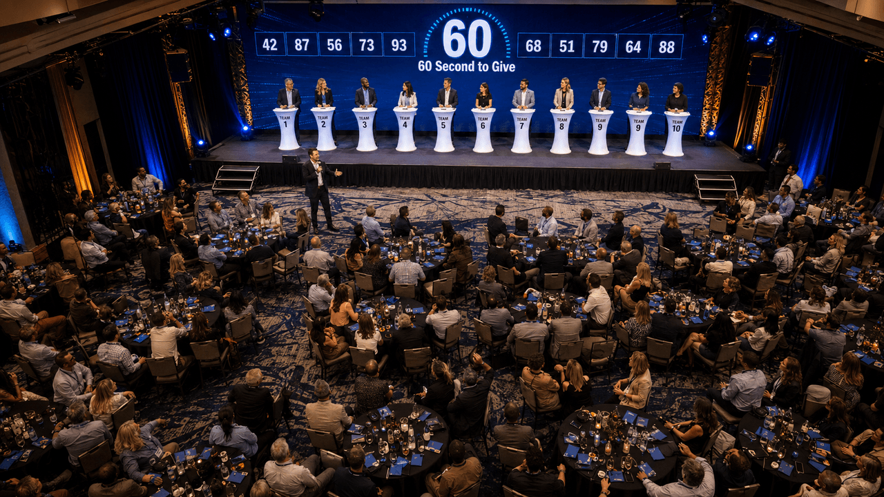 A ballroom game show with team podiums at 60 Seconds to Give